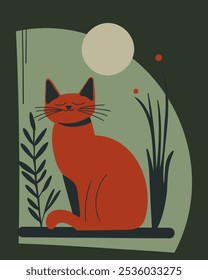 Ilustración estilizada de un gato sentado bajo una luna Grande en un estilo minimalista y plano. El gato es de un color rojo sólido con detalles negros en las orejas y la cola. 