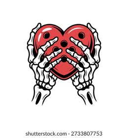 A stylized illustration of skeletal hands cradling a red heart shape with three finger holes like a bowling ball.