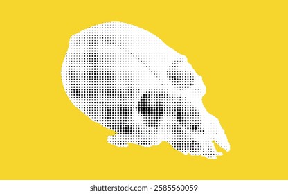 A stylized illustration of a skull in a dotted pattern, set against a bright yellow background. The skull is rendered in white, creating a striking contrast with the vibrant backdrop.