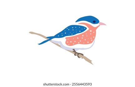 Stylized illustration of a small bird perched on a branch, featuring a blue head and wings, pink and white speckled body, and a clean white underbelly