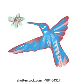 stylized illustration of small hummingbird flying to a flower