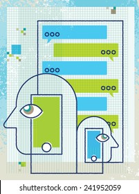 A stylized illustration of smart phone messaging between two people. All elements must be selectable/editable. 