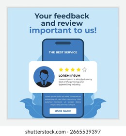A stylized illustration of a smartphone displaying a customer review with a 5-star rating and positive feedback, emphasizing the importance of customer input and satisfaction.