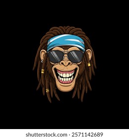 A stylized illustration of a smiling monkey wearing sunglasses, a bandana, and dreadlocks.