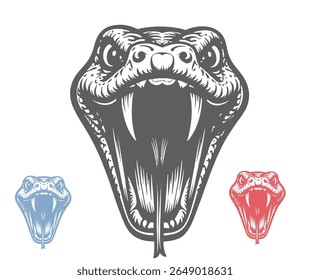 A stylized illustration of a snake head with an open mouth and fangs, shown in gray, blue, and red.