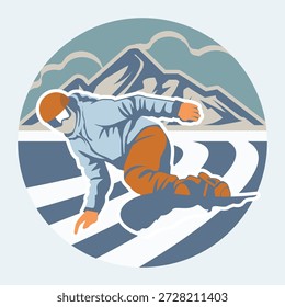 Ilustración estilizada de un snowboarder realizando un giro dinámico en una pendiente nevada con paisaje de montaña en el fondo. Ideal para temas de deportes de invierno, marca de aventura al aire libre, promociones de estaciones de esquí, diseños de deportes extremos y actividades de temporada fría.
