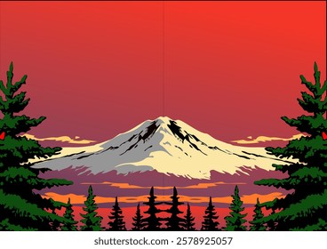 Stylized Illustration of a Snow-Capped Mountain at Sunset with Pine Trees