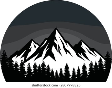 A stylized illustration of a snowy mountain range with pine trees in the foreground, set against a dark gray and black gradient sky with wavy lines, creating a dramatic and serene natural scene.