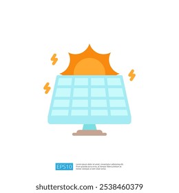 Una ilustración estilizada de un panel solar con un sol naciente y símbolos de energía, que representan la energía renovable y la sostenibilidad.