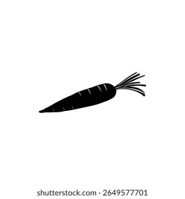 Ilustração estilizada de uma cenoura preta sólida, completa com raízes, contra um fundo branco. Design vetorial simples e claro, adequado para ícones e gráficos.