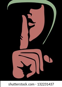 Stylized illustration of someone with a hood gesturing symbol of silence with finger on lips