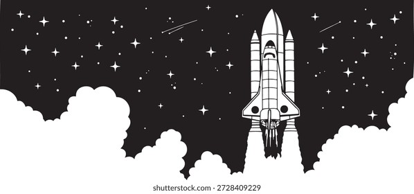 Ilustración estilizada de un transbordador espacial que se lanza a un cielo nocturno estrellado ascendiendo a través de nubes esponjosas con columnas de escape ardientes