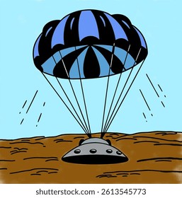 A stylized illustration of a spaceship descending with a parachute, landing on a dusty plain.