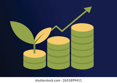 Stylized illustration of stacked gold coins with an upward trending arrow indicating financial growth and positive economic performance