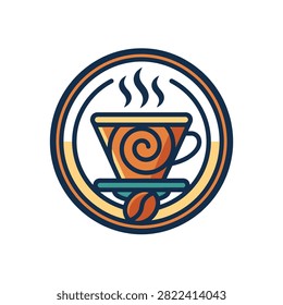 A stylized illustration of a steaming coffee cup with a unique swirl pattern and a single coffee bean below, presented in a circular emblem.