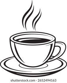 Stylized illustration of a steaming cup of coffee on a saucer isolated on transparent background	