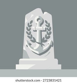 Una ilustración estilizada de un monumento de piedra con un ancla náutica rodeada por una corona de laurel, que simboliza el recuerdo y el honor.