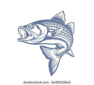 A stylized illustration of a stripped bass with an open mouth, showcasing intricate scale details and a dynamic pose.