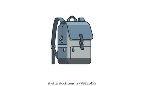 A stylized illustration of a sturdy gray backpack featuring black straps, buckles, and multiple pockets, ideal for travel or daily use.