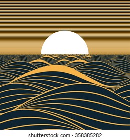 Stylized illustration of a sun or full moon rising or setting on a dark sea.