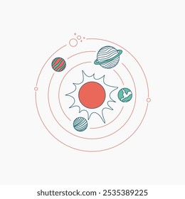 A stylized illustration of a sun and its orbiting planets.