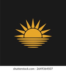 A stylized illustration of a sun setting over water, depicted with a simple, geometric design against a dark background.  The sun and water are rendered in a...