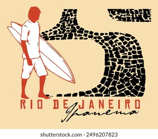 Stilisierte Illustration eines Surfers in Komposition mit dem Bürgersteig von Ipanema Strand, Rio de Janeiro, Brasilien.