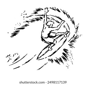 Stylized illustration of a surfer performing a maneuver on a wave.