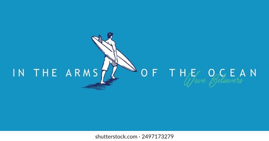 Stylized illustration of a surfer running to the wave. Art in composition with text.