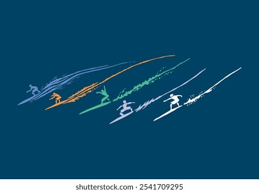 Stylized illustration of surfers riding a wave. Free and casual style art.