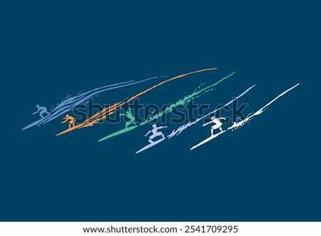 Stylized illustration of surfers riding a wave. Free and casual style art.