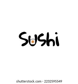Stylized illustration of sushi logo with lettering and sushi roll isolated on white background