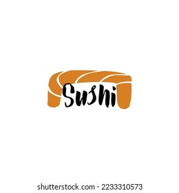 Stylized illustration of sushi logo with lettering and salmon isolated on white background