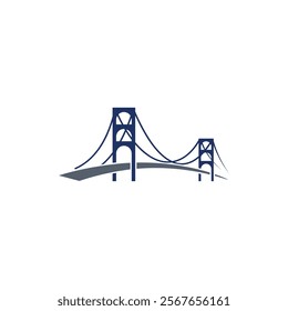 A stylized illustration of a suspension bridge with two towers and curved cables