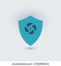 Una ilustración estilizada de un escudo verde azulado con un icono de obturador de cámara azul oscuro en el centro, ubicado sobre un fondo gris claro con un efecto de sombra sutil, que transmite una sensación de protección y seguridad en la era digital.