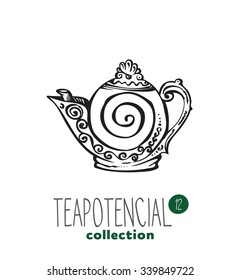 stylized illustration of teapot with text part of a collection