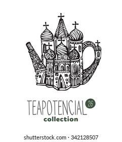 stylized illustration of teapot with text part of a collection
