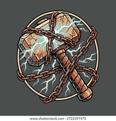A stylized illustration of Thor's hammer, Mjolnir, crackling with lightning and bound by heavy chains, set within a circular frame.