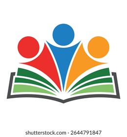 Stylized illustration of three colorful figures above an open book with green pages The figures are red orange and blue The style is simple and flat