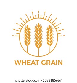 Stylized illustration of three ears of wheat growing under a shining sun, forming a circular emblem representing agriculture, farming, and the food industry