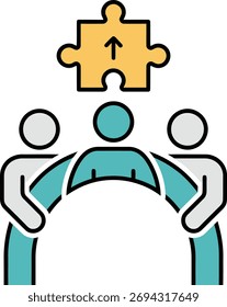 Ilustración estilizada de tres figuras formando un arco, apoyando una pieza de rompecabezas con una flecha hacia arriba, simbolizando el trabajo en equipo, el crecimiento y los objetivos compartidos.
