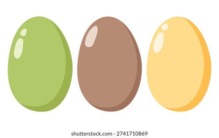 Stylized illustration of three glossy eggs in green, brown, and yellow with highlights and shadows, simple decorative design for Easter, food, or seasonal projects