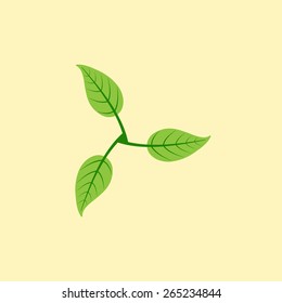 Stylized illustration of three leaves in the shape of windmill isolated on yellow background. Eco concept. Logo template, design element