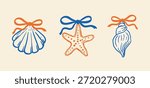 Stylized illustration of three marine elements — a scallop shell, a starfish, and a spiral shell, each tied with a ribbon bow. Minimal flat seaside style. Perfect for summer cards and prints.