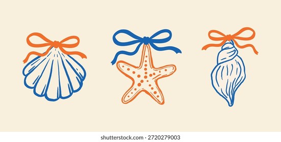 Ilustração estilizada de três elementos marinhos — uma concha de vieira, uma estrela-do-mar e uma concha espiral, cada uma amarrada com um arco de fita. Estilo plano mínimo à beira-mar. Perfeito para cartões de verão e impressões.
