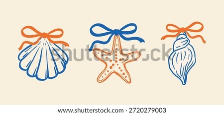 Stylized illustration of three marine elements — a scallop shell, a starfish, and a spiral shell, each tied with a ribbon bow. Minimal flat seaside style. Perfect for summer cards and prints.