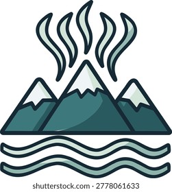 A stylized illustration of three mountain peaks with snow caps and steam rising, set against wavy lines representing water, in shades of green and white, with bold lines and a modern aesthetic