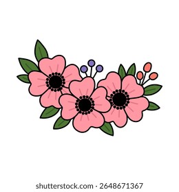 A stylized illustration of three pink flowers, green leaves, and small purple and orange berries.  The image is a close-up, flat design.