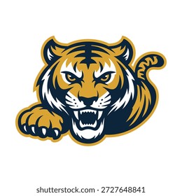 Ilustración estilizada de una cabeza de tigre con expresión agresiva e icono de pata extendida