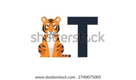 a stylized illustration of a tiger sitting upright next to a large black letter t on a plain white background the tiger is orange with black stripes and a white chest and muzzle